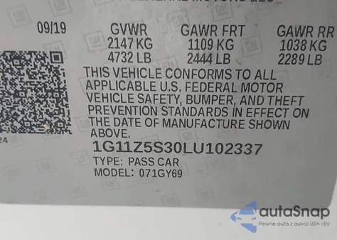 2020 Chevrolet Impala Fwd Lt from USA, damaged, VIN 1G11Z5S30LU102337